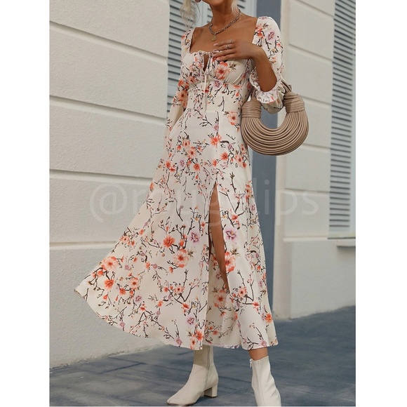 Floral Dress Square Neck Fit & Flare Maxi Long Sleeve Leg Slit Front Ties Beige - Picture 6 of 10